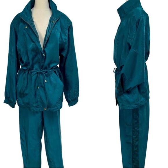 Rad 1980’s / 1990’s Silk Peacock Teal Casual 2 Piece Pant Jogger Set - Picture 1 of 14
